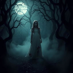A chilling scene set in a dark, secluded forest with thick mist swirling around