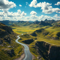 A detailed and expressive landscape showing a winding road traversing a diverse topography, including rolling hills, rocky outcrops, and deep valleys