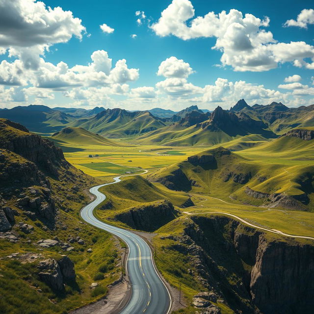 A detailed and expressive landscape showing a winding road traversing a diverse topography, including rolling hills, rocky outcrops, and deep valleys