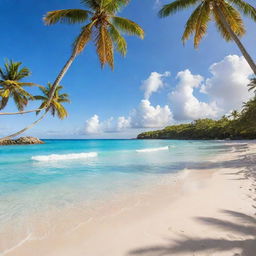 A picturesque Caribbean beachfront with clear blue waters, pristine white sands, vibrant palm trees, and a radiant sun setting in the backdrop.