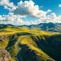 A detailed and expressive landscape showing a winding road traversing a diverse topography, including rolling hills, rocky outcrops, and deep valleys