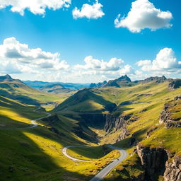 A detailed and expressive landscape showing a winding road traversing a diverse topography, including rolling hills, rocky outcrops, and deep valleys