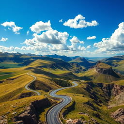 A detailed and expressive landscape showing a winding road traversing a diverse topography, including rolling hills, rocky outcrops, and deep valleys