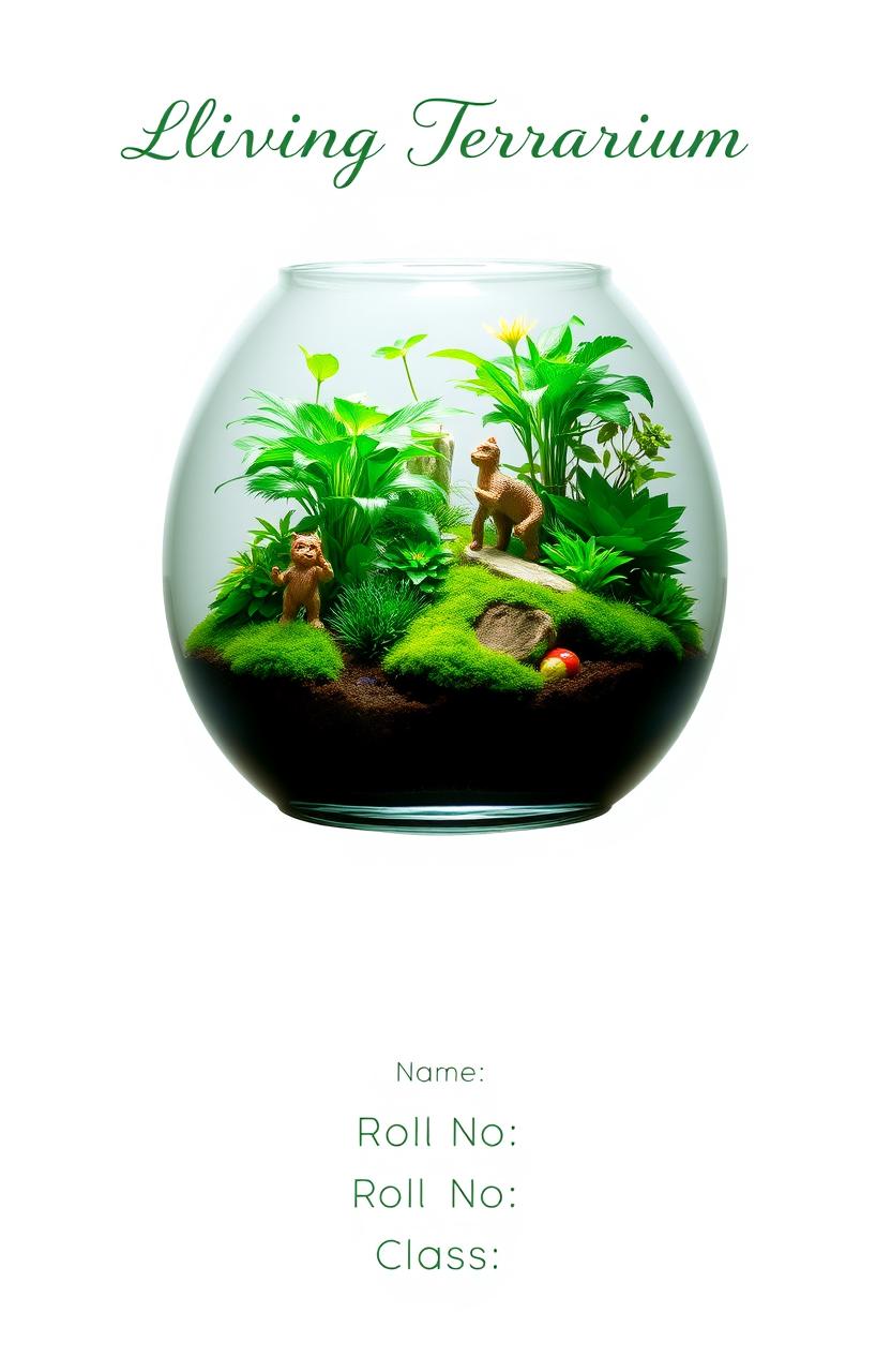 A beautifully designed living terrarium showcasing a vibrant ecosystem within a glass container, featuring lush green plants, colorful moss, and tiny decorative elements like miniature figurines or stones