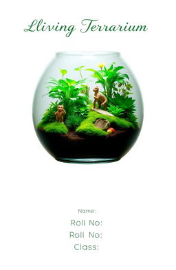 A beautifully designed living terrarium showcasing a vibrant ecosystem within a glass container, featuring lush green plants, colorful moss, and tiny decorative elements like miniature figurines or stones