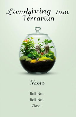 A beautifully designed living terrarium showcasing a vibrant ecosystem within a glass container, featuring lush green plants, colorful moss, and tiny decorative elements like miniature figurines or stones