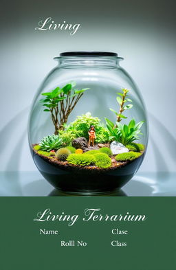 A beautifully designed living terrarium showcasing a vibrant ecosystem within a glass container, featuring lush green plants, colorful moss, and tiny decorative elements like miniature figurines or stones