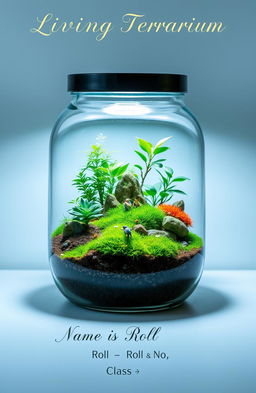 A beautifully designed living terrarium showcasing a vibrant ecosystem within a glass container, featuring lush green plants, colorful moss, and tiny decorative elements like miniature figurines or stones
