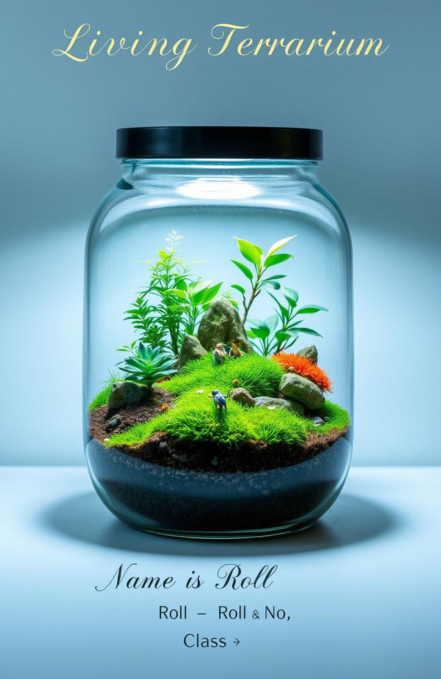 A beautifully designed living terrarium showcasing a vibrant ecosystem within a glass container, featuring lush green plants, colorful moss, and tiny decorative elements like miniature figurines or stones