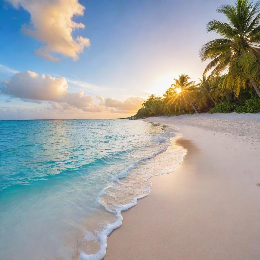 A picturesque Caribbean beachfront with clear blue waters, pristine white sands, vibrant palm trees, and a radiant sun setting in the backdrop.