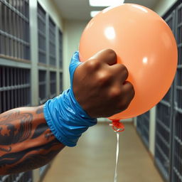 An extreme close-up view of a large muscular African American arm covered with intricate prison tattoos