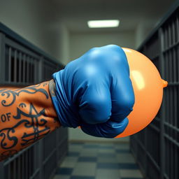 An extreme close-up view of a large muscular African American arm covered with intricate prison tattoos