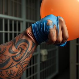 An extreme close-up view of a large muscular African American arm covered with intricate prison tattoos