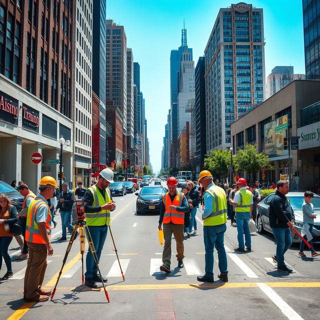 A bustling urban street scene showing city workers engaged in a measurement activity