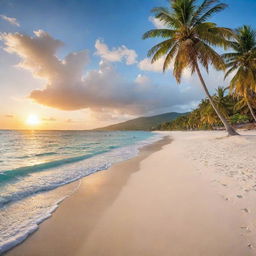 A picturesque Caribbean beachfront with clear blue waters, pristine white sands, vibrant palm trees, and a radiant sun setting in the backdrop.