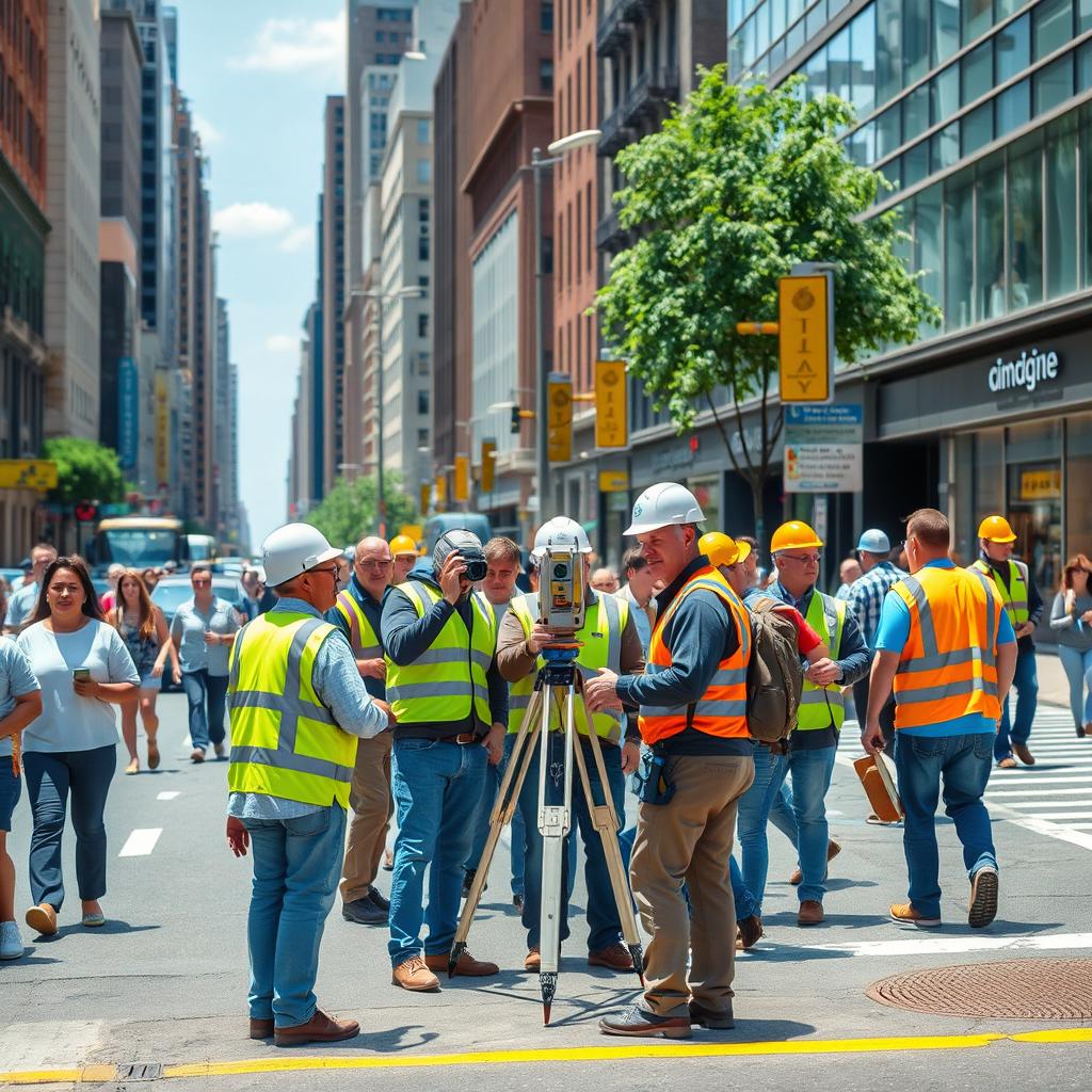 A bustling urban street scene showing city workers engaged in a measurement activity