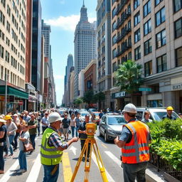 A bustling urban street scene showing city workers engaged in a measurement activity