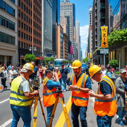 A bustling urban street scene showing city workers engaged in a measurement activity