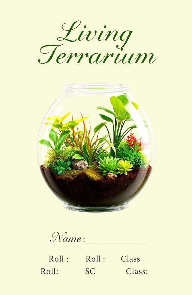 A beautifully designed living terrarium scene, featuring a variety of lush green plants, moss, and soil, all encapsulated within a clear glass container