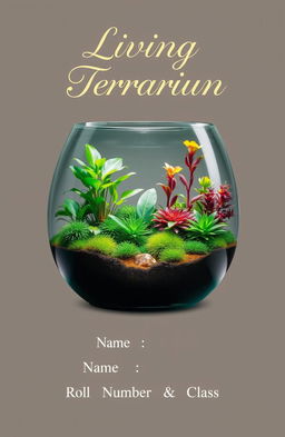 A beautifully designed living terrarium scene, featuring a variety of lush green plants, moss, and soil, all encapsulated within a clear glass container