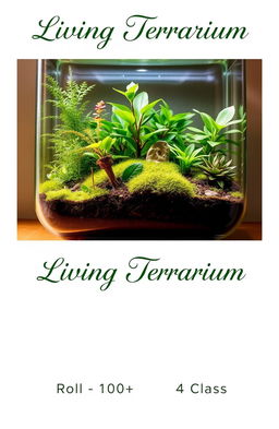 A beautifully designed living terrarium scene, featuring a variety of lush green plants, moss, and soil, all encapsulated within a clear glass container