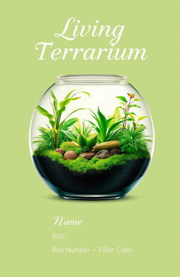 A beautifully designed living terrarium scene, featuring a variety of lush green plants, moss, and soil, all encapsulated within a clear glass container