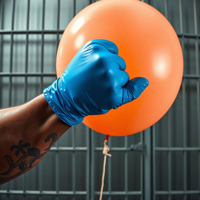 An extreme close-up of a large, muscular African American arm wearing a blue latex glove, powerfully punching a large peach-colored balloon