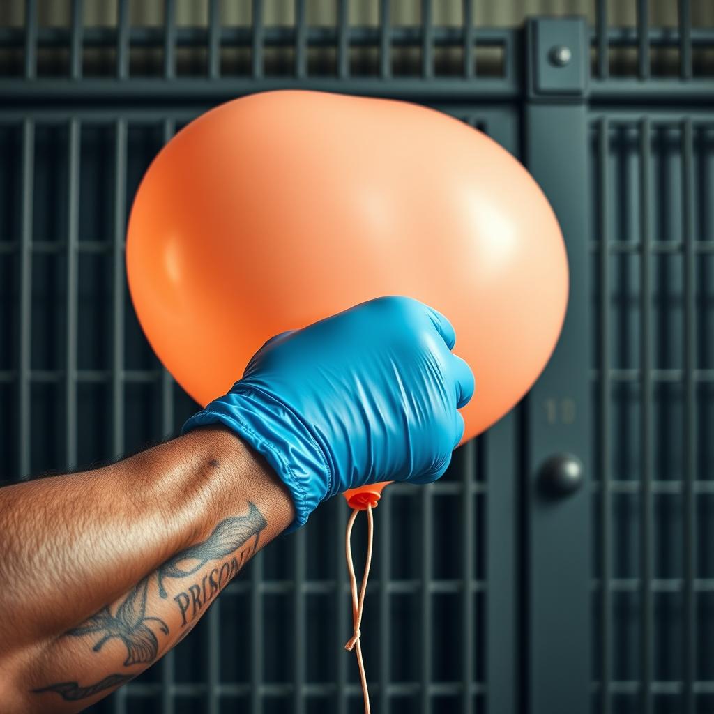 An extreme close-up of a large, muscular African American arm wearing a blue latex glove, powerfully punching a large peach-colored balloon