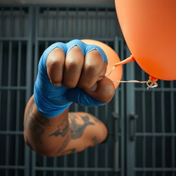 An extreme close-up of a large, muscular African American arm wearing a blue latex glove, powerfully punching a large peach-colored balloon