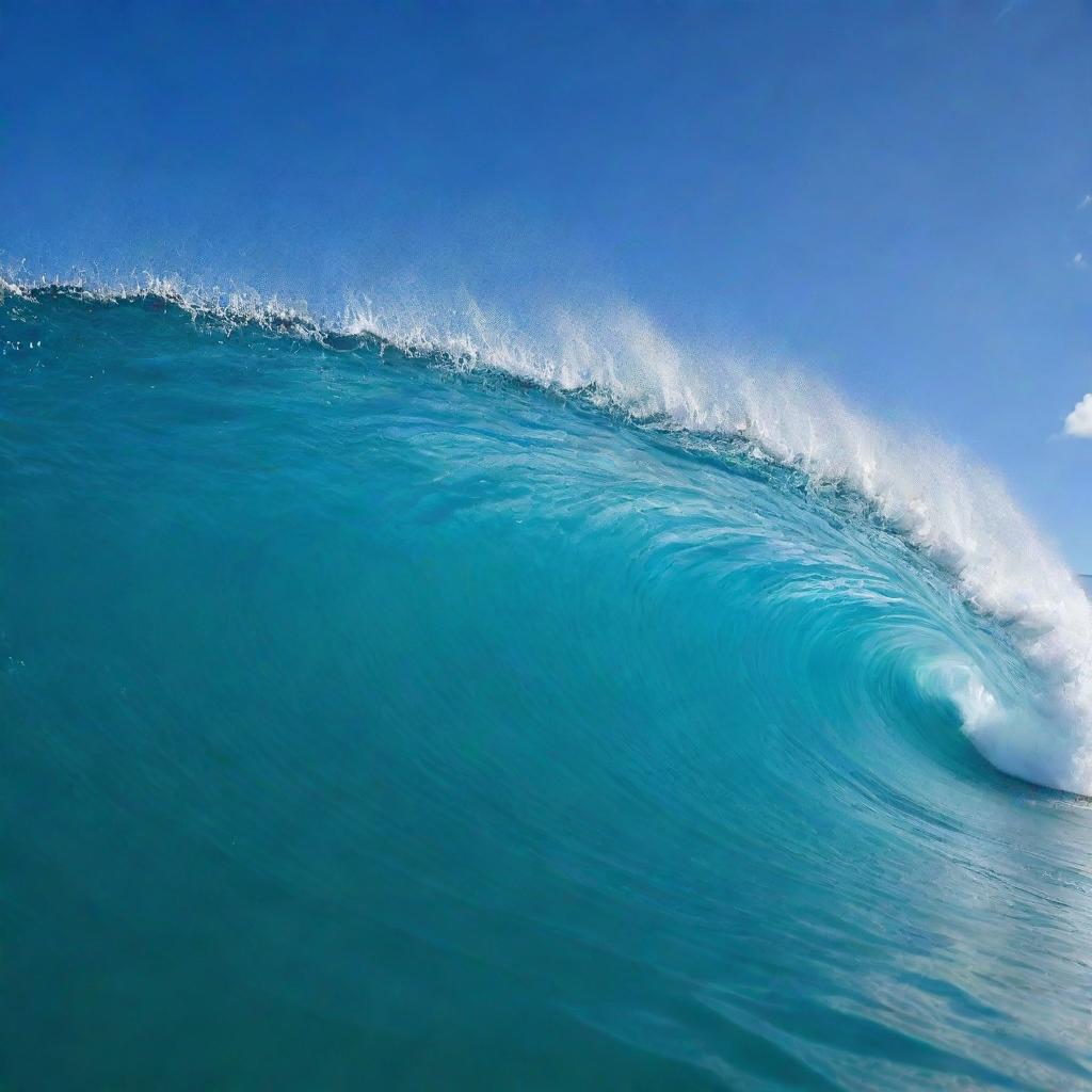 A powerful wave from the Caribbean Sea, showcasing its crystal-clear azure waters against a backdrop of a bright, sunny sky.