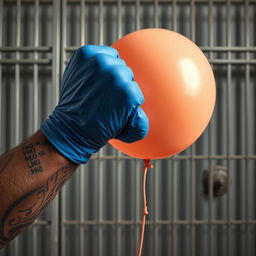 An extreme close-up of a large, muscular African American arm wearing a blue latex glove, powerfully punching a large peach-colored balloon