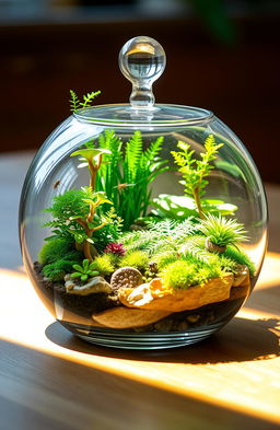 A vibrant and enchanting living terrarium set inside a beautifully designed terrarium container, showcasing a miniature ecosystem filled with lush green plants, delicate ferns, colorful moss, and small pebbles