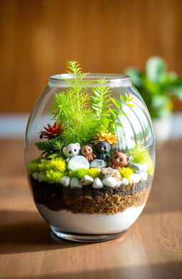 A vibrant and enchanting living terrarium set inside a beautifully designed terrarium container, showcasing a miniature ecosystem filled with lush green plants, delicate ferns, colorful moss, and small pebbles