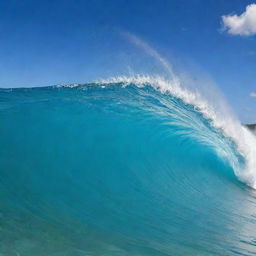 A powerful wave from the Caribbean Sea, showcasing its crystal-clear azure waters against a backdrop of a bright, sunny sky.