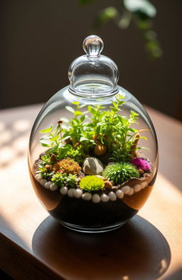 A vibrant and enchanting living terrarium set inside a beautifully designed terrarium container, showcasing a miniature ecosystem filled with lush green plants, delicate ferns, colorful moss, and small pebbles