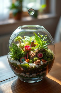 A vibrant and enchanting living terrarium set inside a beautifully designed terrarium container, showcasing a miniature ecosystem filled with lush green plants, delicate ferns, colorful moss, and small pebbles