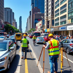 A busy urban street scene filled with various vehicles including cars, buses, and bicycles, showcasing a vibrant city life