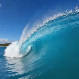 A powerful wave from the Caribbean Sea, showcasing its crystal-clear azure waters against a backdrop of a bright, sunny sky.