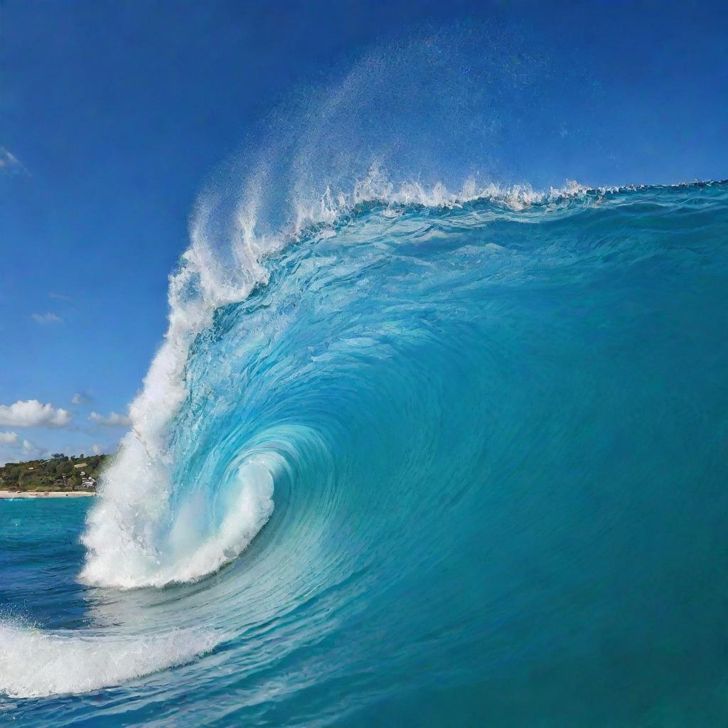 A powerful wave from the Caribbean Sea, showcasing its crystal-clear azure waters against a backdrop of a bright, sunny sky.