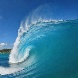 A powerful wave from the Caribbean Sea, showcasing its crystal-clear azure waters against a backdrop of a bright, sunny sky.