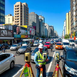 A bustling urban street scene filled with a variety of vehicles including cars, trucks, and bicycles, illustrating the vibrant life of the city