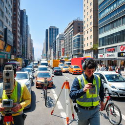 A bustling urban street scene filled with a variety of vehicles including cars, trucks, and bicycles, illustrating the vibrant life of the city
