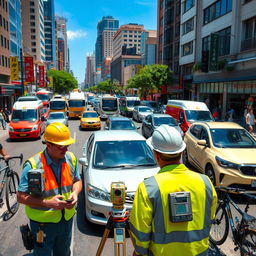 A bustling urban street scene filled with a variety of vehicles including cars, trucks, and bicycles, illustrating the vibrant life of the city