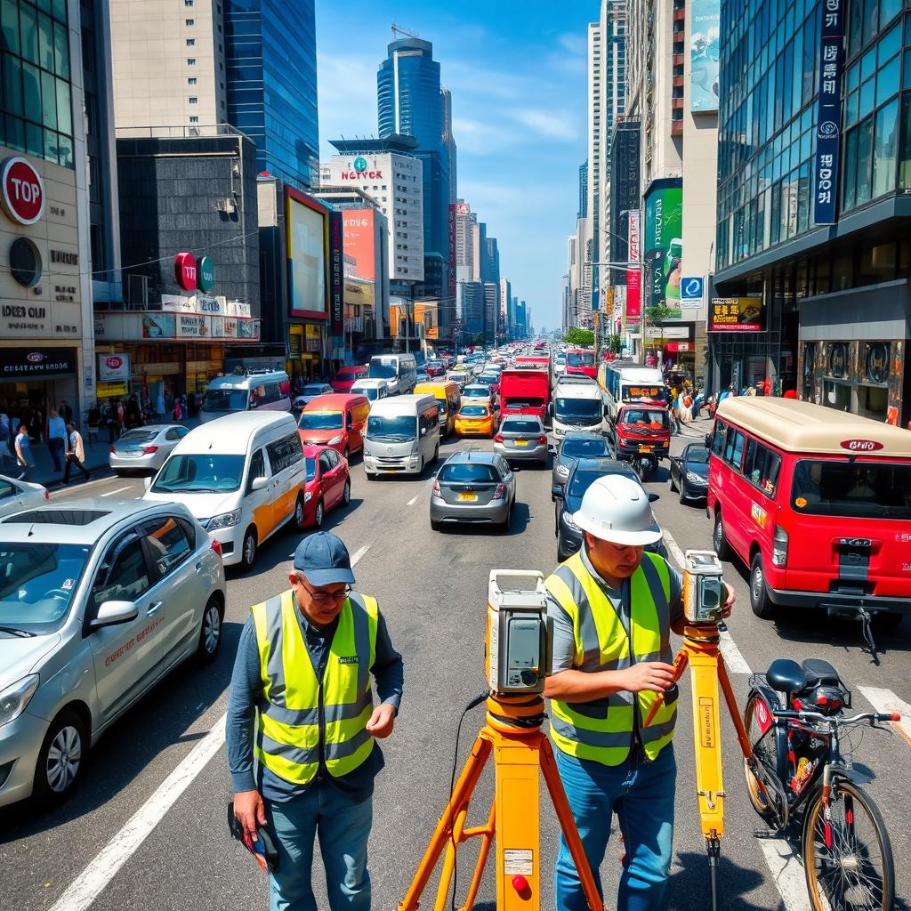 A bustling urban street scene filled with a variety of vehicles including cars, trucks, and bicycles, illustrating the vibrant life of the city