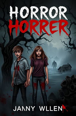 A horror book cover featuring three teenagers: one drenched in blood, another looking terrified, and the third standing boldly in the middle