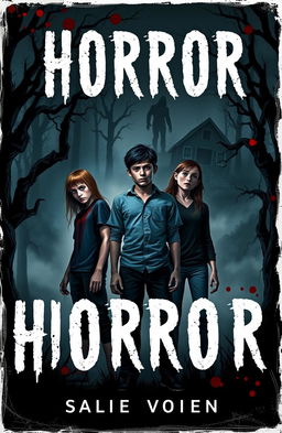 A horror book cover featuring three teenagers: one drenched in blood, another looking terrified, and the third standing boldly in the middle