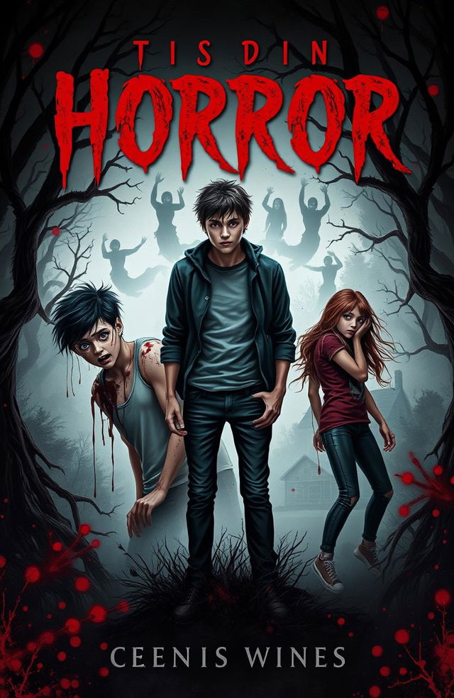 A horror book cover featuring three teenagers: one drenched in blood, another looking terrified, and the third standing boldly in the middle