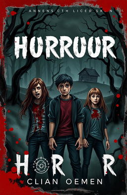 A horror book cover featuring three teenagers: one drenched in blood, another looking terrified, and the third standing boldly in the middle