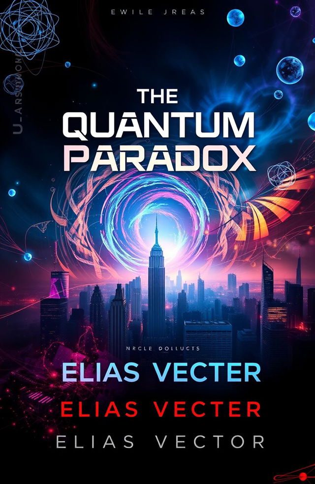 A stunning book cover design for 'The Quantum Paradox' by Elias Vector, featuring a visually striking representation of quantum physics concepts