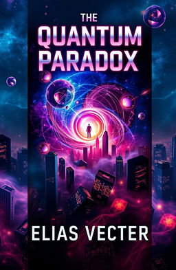 A stunning book cover design for 'The Quantum Paradox' by Elias Vector, featuring a visually striking representation of quantum physics concepts